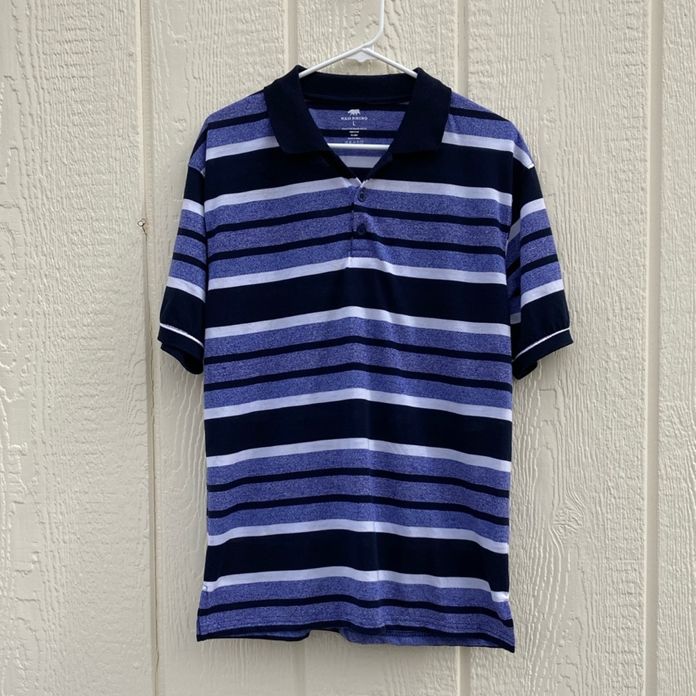 Red Rhino Men’s Size L Blue Striped Polo Shirt Short Sleeve 3 Buttons Collared